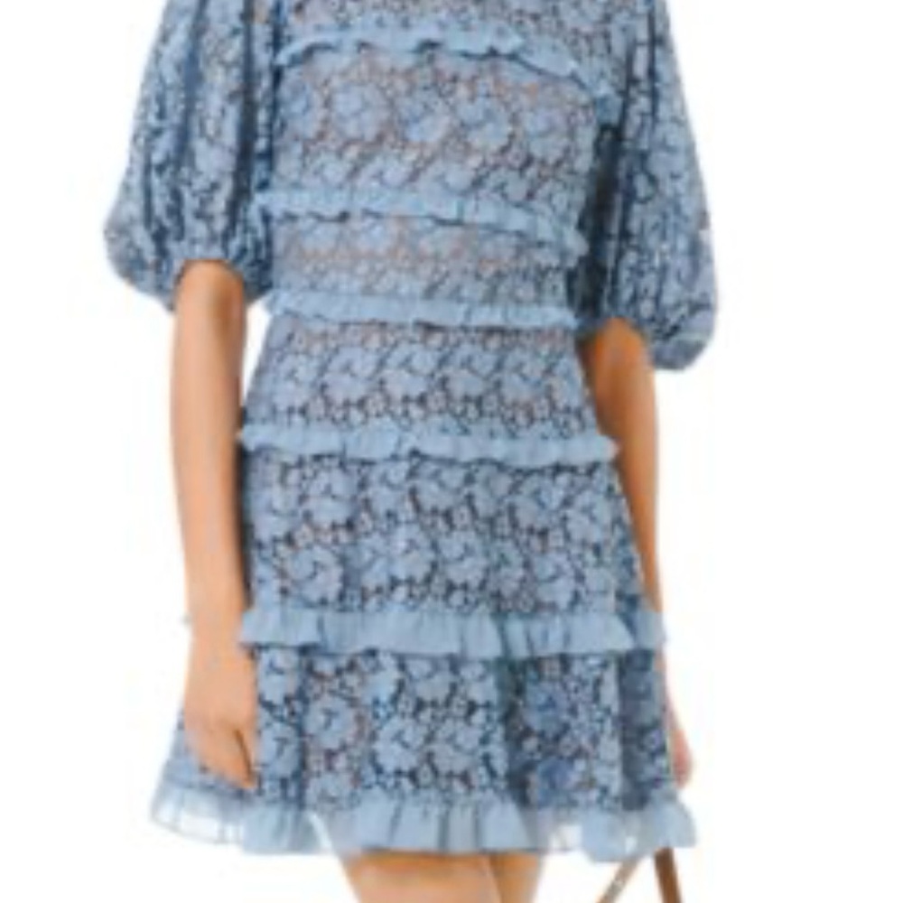Michael Kors Blue A-line Dress with Puff Sleeves and Crew Neck